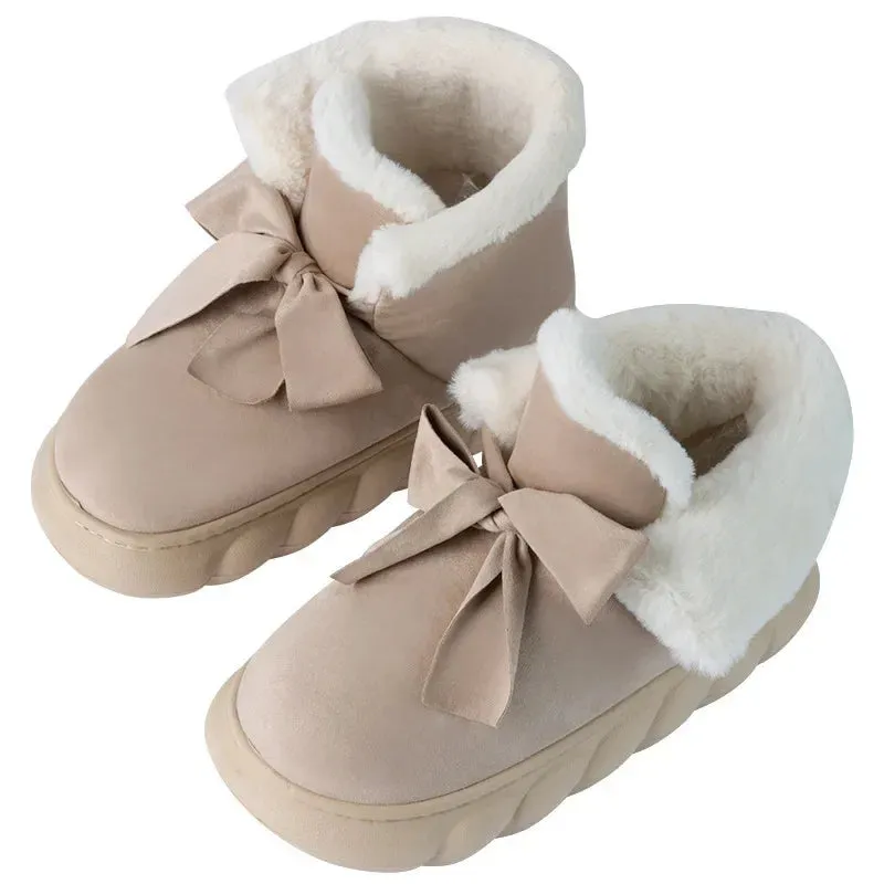 Womens Snow Boots Faux Suede Ribbons Bow Ankle Boots
