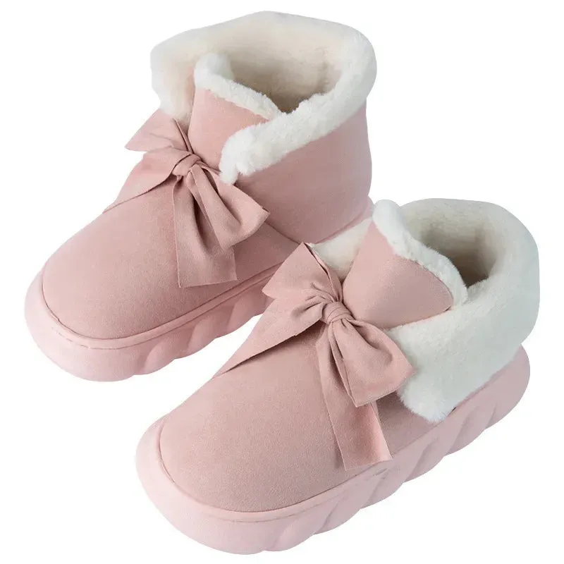Womens Snow Boots Faux Suede Ribbons Bow Ankle Boots