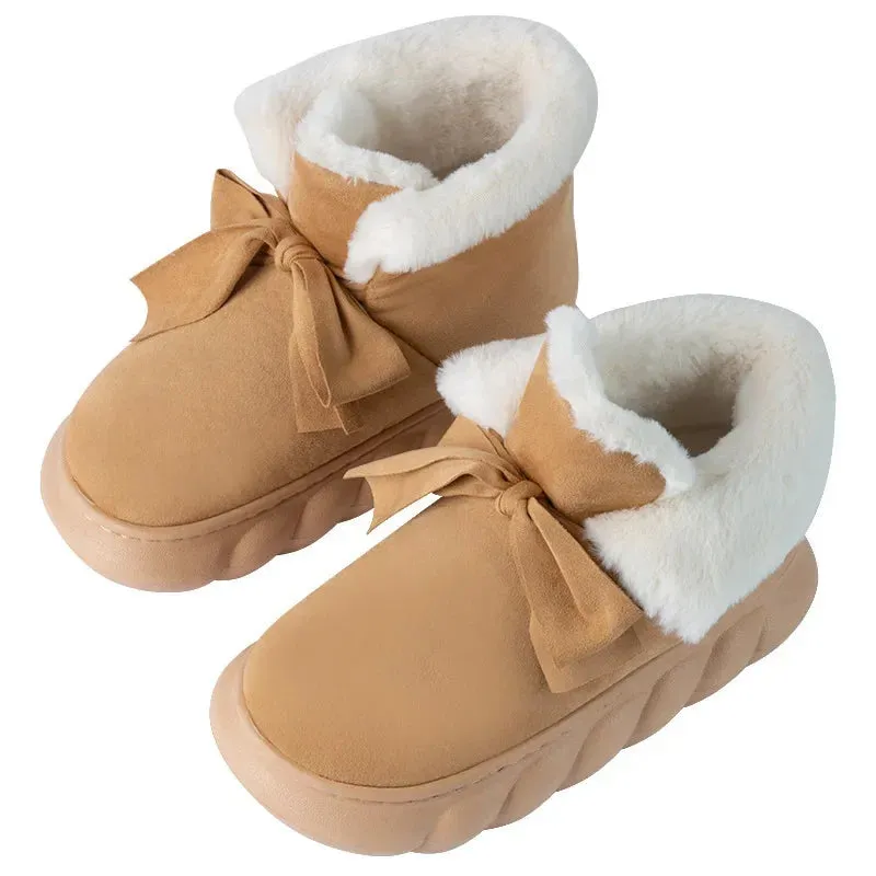 Womens Snow Boots Faux Suede Ribbons Bow Ankle Boots
