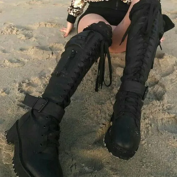 Women's Stylish Lace-Up Thick-Soled Motorcycle Boots 13283022S